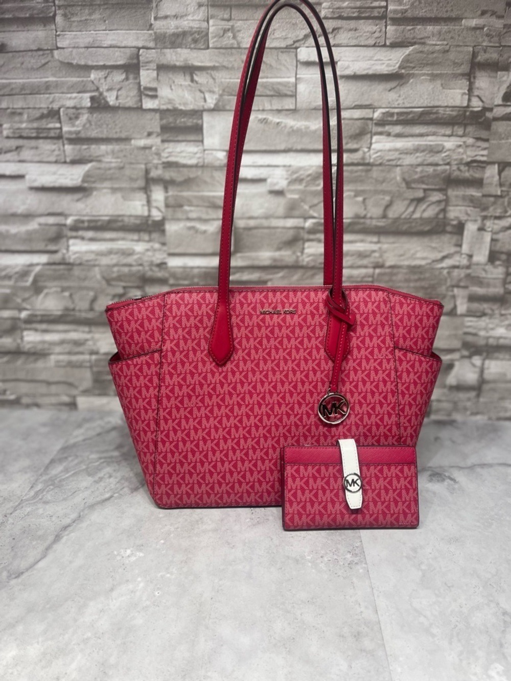 Michael Kors Marilyn Tote & Matching Wallet MK Logo Dark Raspberry - Picture 2 of 16